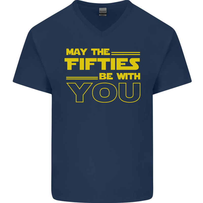 May the 50s Fifties Be With You Sci-Fi Mens V-Neck Cotton T-Shirt Navy Blue