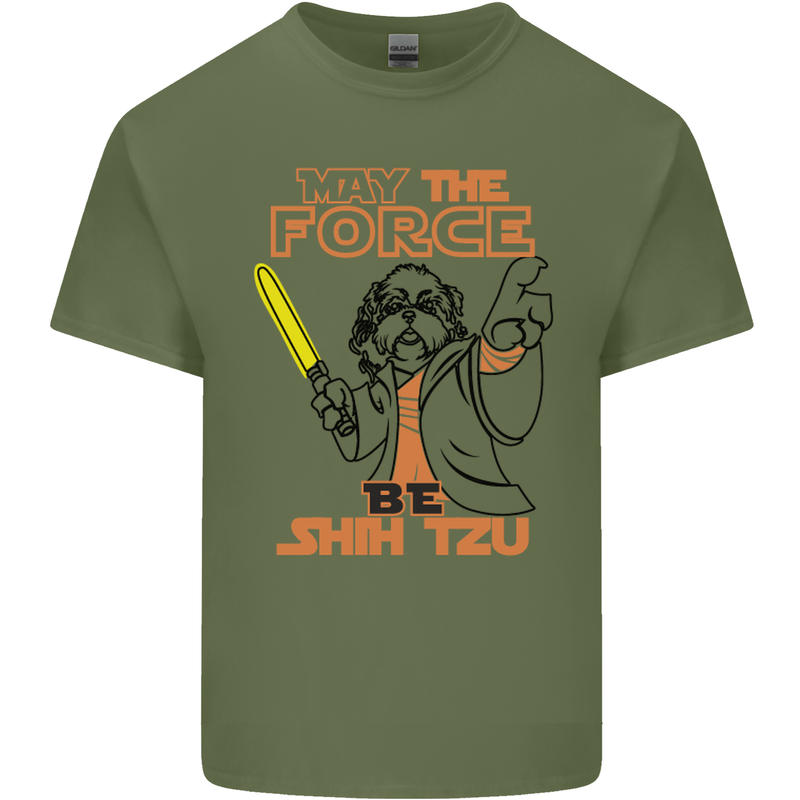 May the Force Be Shih Tzu Dog Funny Mens Cotton T-Shirt Tee Top Military Green