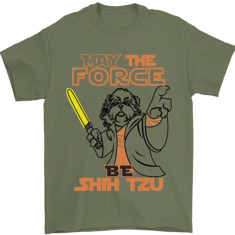 May the Force Be Shih Tzu Dog Funny Mens T-Shirt Cotton Gildan Military Green