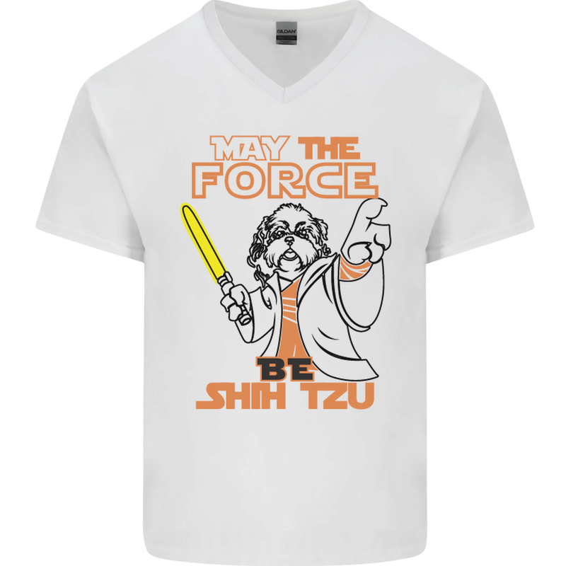 May the Force Be Shih Tzu Dog Funny Mens V-Neck Cotton T-Shirt White