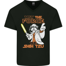 May the Force Be Shih Tzu Funny Dog Mens V-Neck Cotton T-Shirt Black