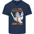 May the Force Be Shih Tzu Funny Dog Mens V-Neck Cotton T-Shirt Navy Blue