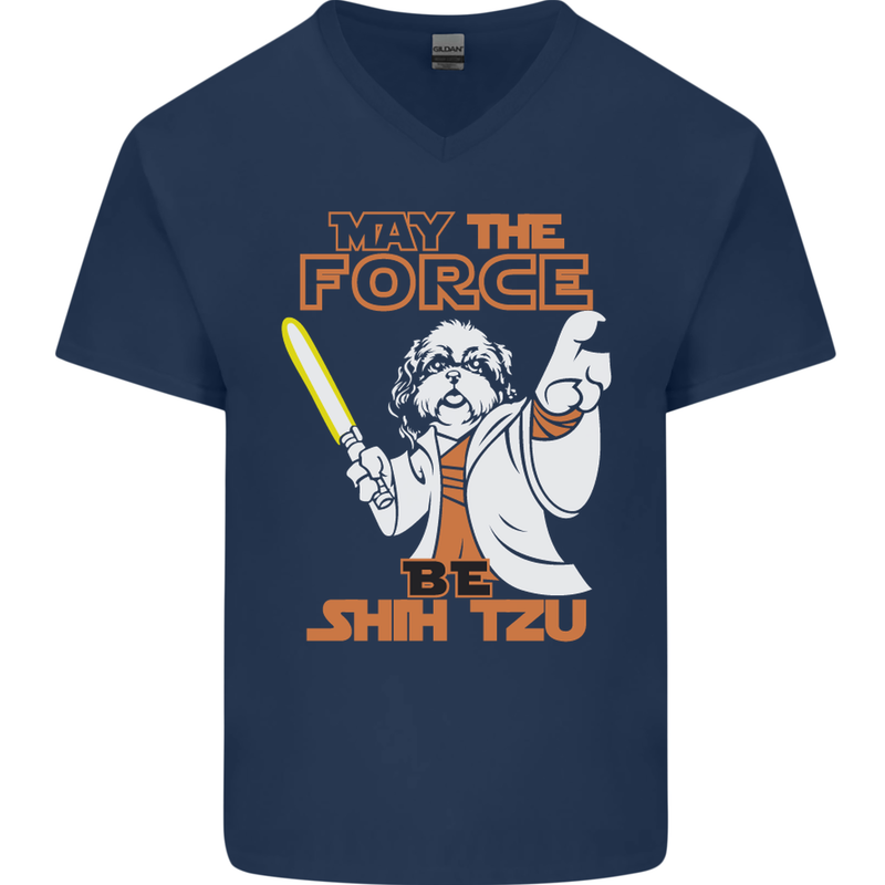 May the Force Be Shih Tzu Funny Dog Mens V-Neck Cotton T-Shirt Navy Blue
