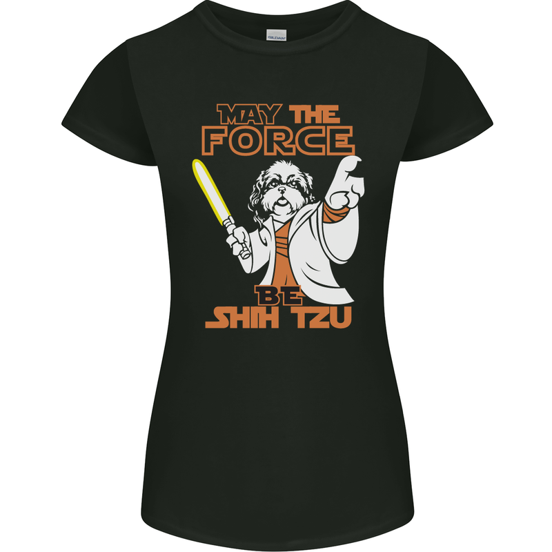 May the Force Be Shih Tzu Funny Dog Womens Petite Cut T-Shirt Black