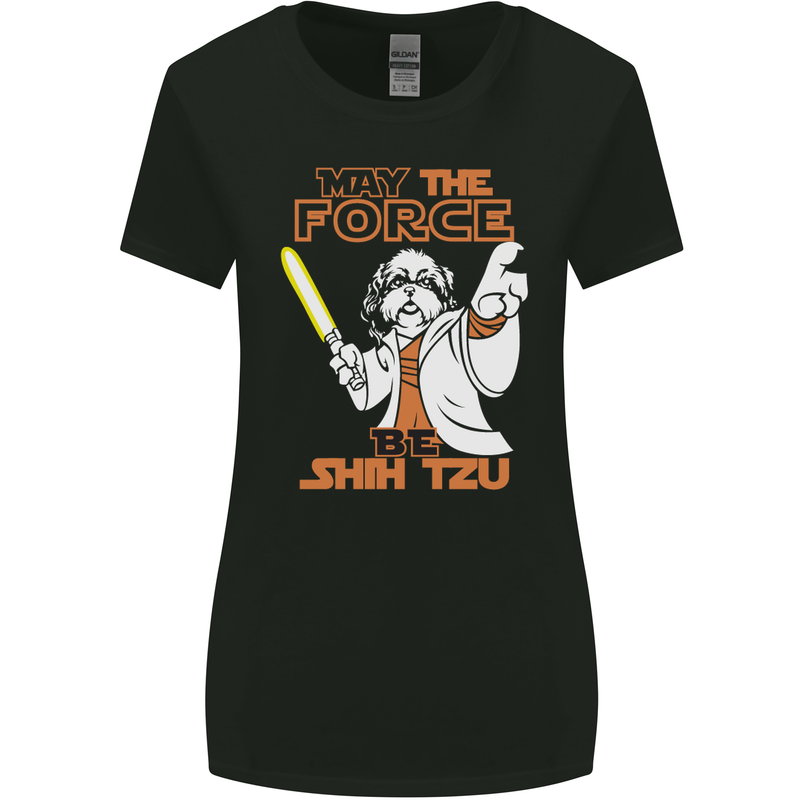May the Force Be Shih Tzu Funny Dog Womens Wider Cut T-Shirt Black