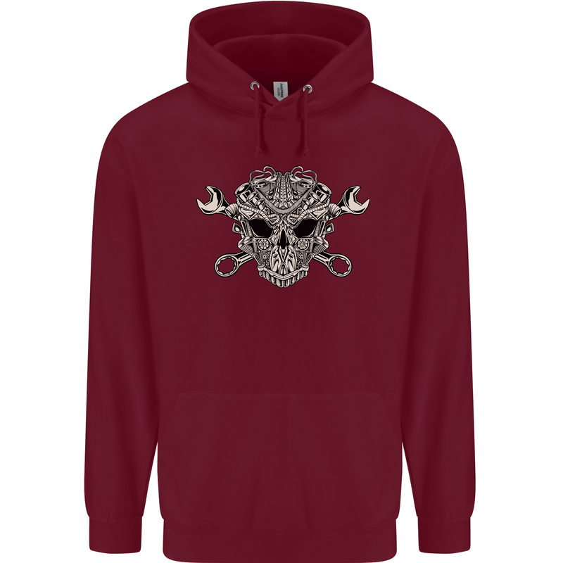 Mechanic Engine Skull Mens 80% Cotton Hoodie Maroon