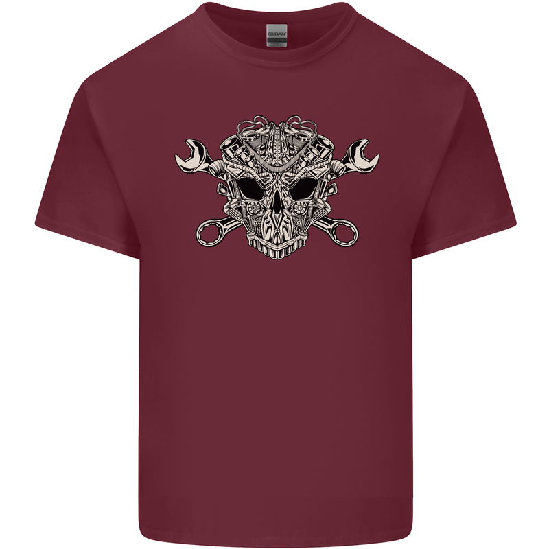Mechanic Engine Skull Mens Cotton T-Shirt Tee Top Maroon