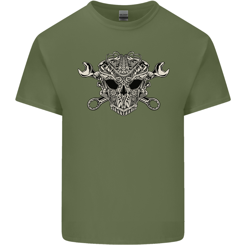 Mechanic Engine Skull Mens Cotton T-Shirt Tee Top Military Green