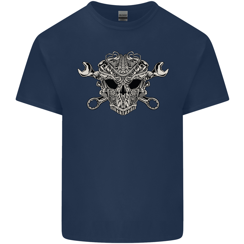 Mechanic Engine Skull Mens Cotton T-Shirt Tee Top Navy Blue