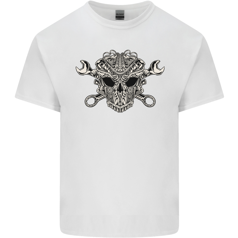 Mechanic Engine Skull Mens Cotton T-Shirt Tee Top White