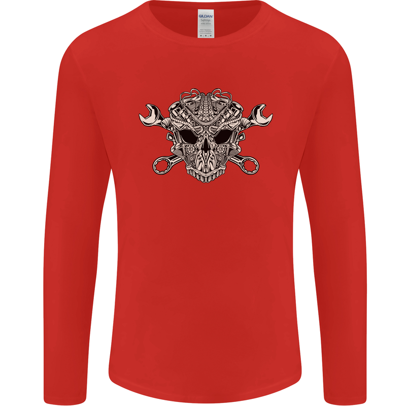 Mechanic Engine Skull Mens Long Sleeve T-Shirt Red