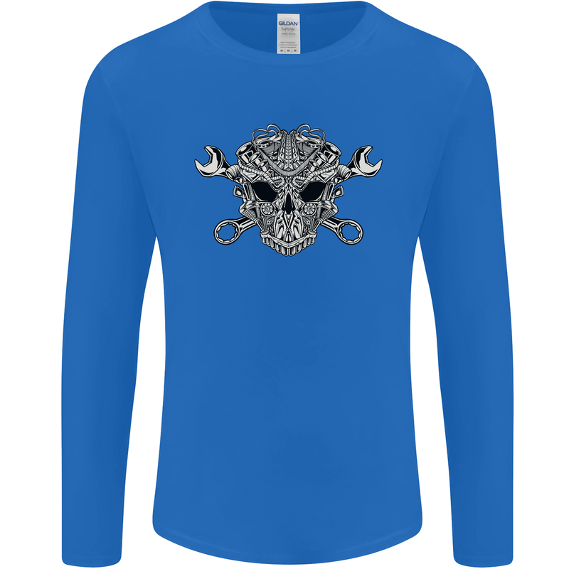 Mechanic Engine Skull Mens Long Sleeve T-Shirt Royal Blue