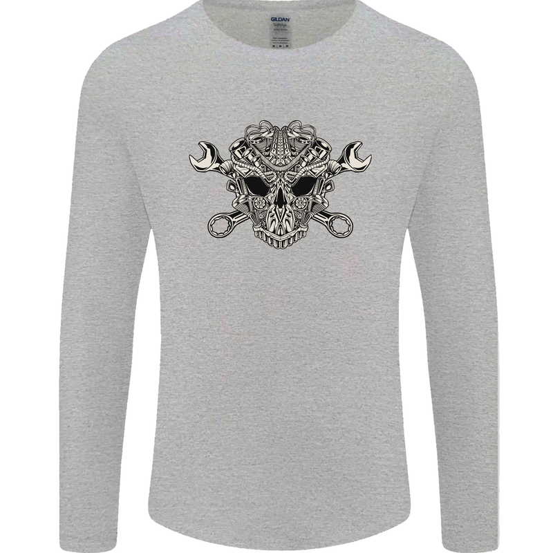 Mechanic Engine Skull Mens Long Sleeve T-Shirt Sports Grey