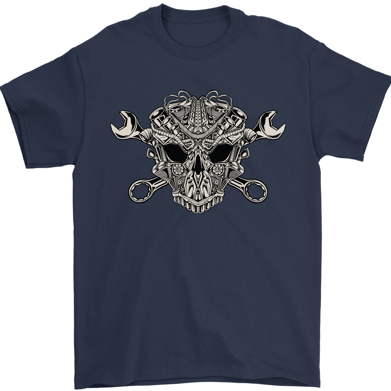 Mechanic Engine Skull Mens T-Shirt Cotton Gildan Navy Blue