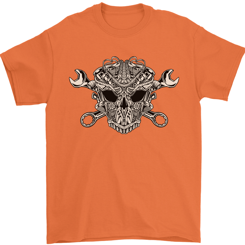 Mechanic Engine Skull Mens T-Shirt Cotton Gildan Orange