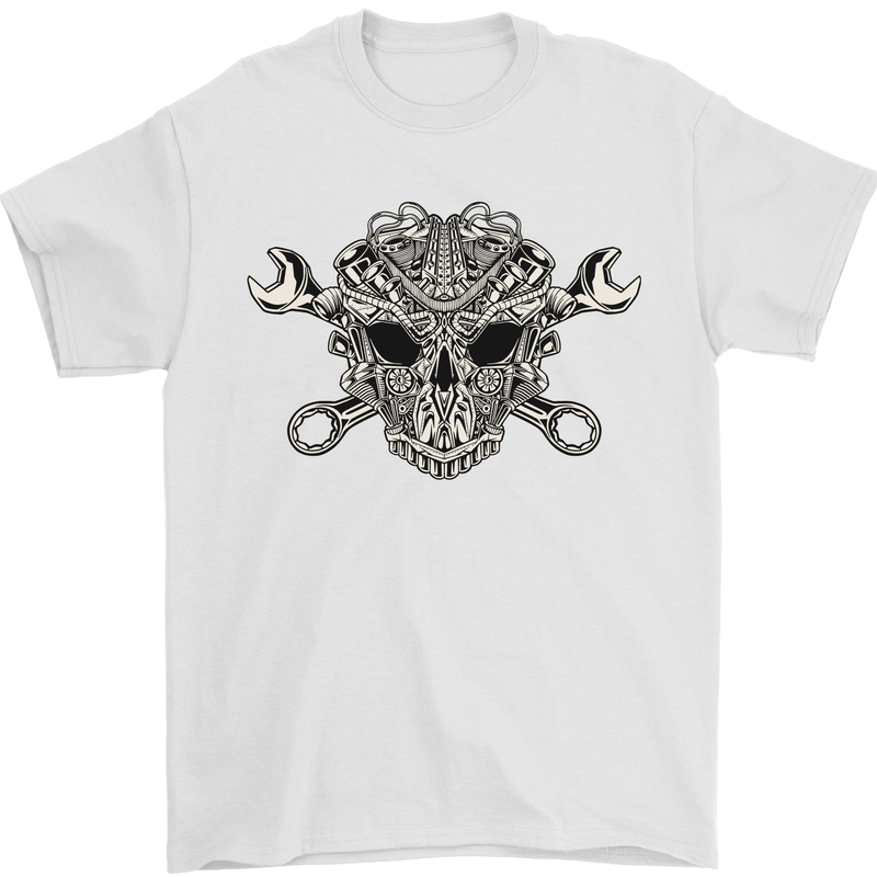 Mechanic Engine Skull Mens T-Shirt Cotton Gildan White