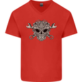 Mechanic Engine Skull Mens V-Neck Cotton T-Shirt Red