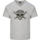 Mechanic Engine Skull Mens V-Neck Cotton T-Shirt Sports Grey