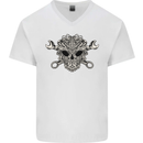 Mechanic Engine Skull Mens V-Neck Cotton T-Shirt White