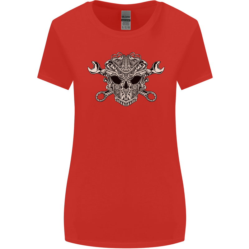 Mechanic Engine Skull Womens Wider Cut T-Shirt Red