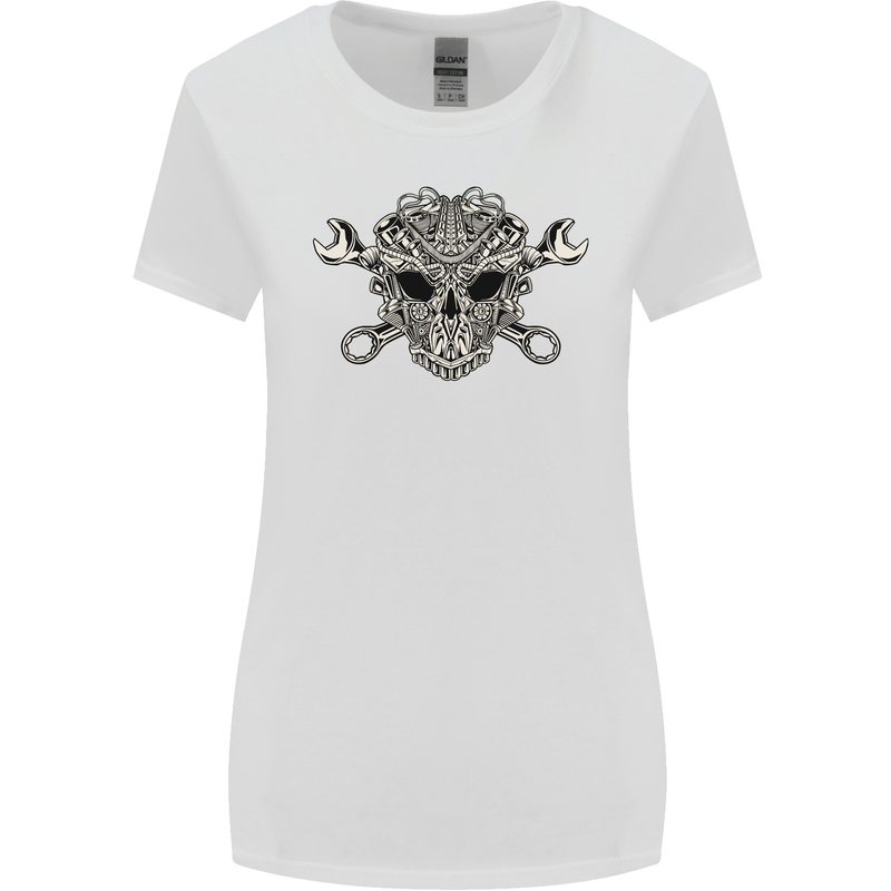 Mechanic Engine Skull Womens Wider Cut T-Shirt White