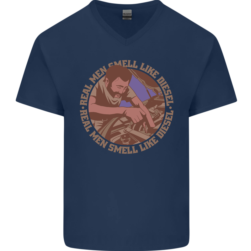 Mechanic Real Men Smell Like Diesel Mens V-Neck Cotton T-Shirt Navy Blue