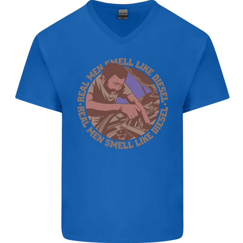 Mechanic Real Men Smell Like Diesel Mens V-Neck Cotton T-Shirt Royal Blue