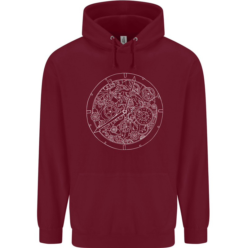Mechanical Watch Line Drawing Timepiece Mens 80% Cotton Hoodie Maroon