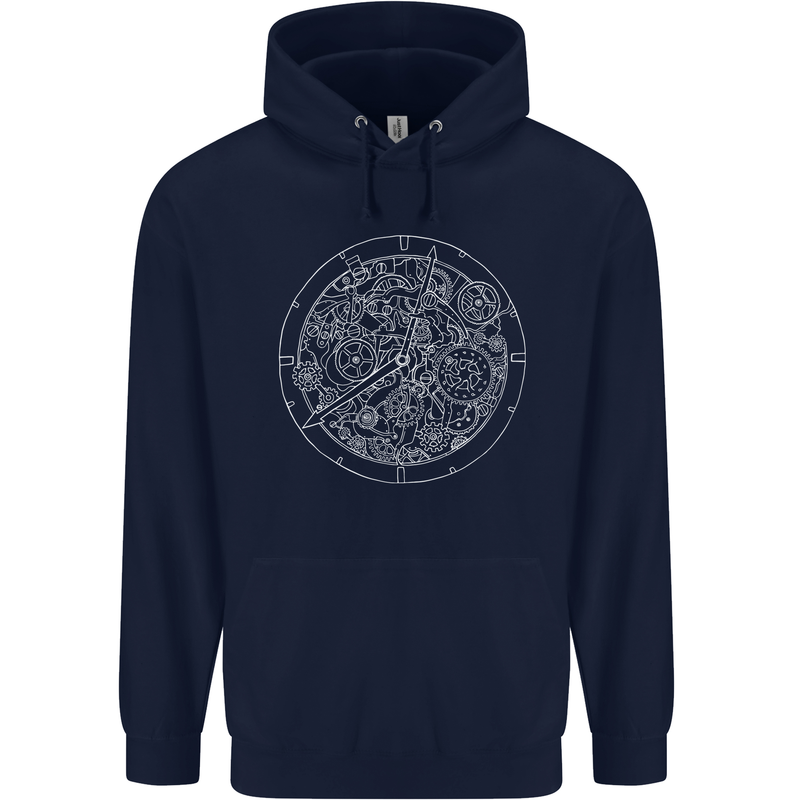 Mechanical Watch Line Drawing Timepiece Mens 80% Cotton Hoodie Navy Blue