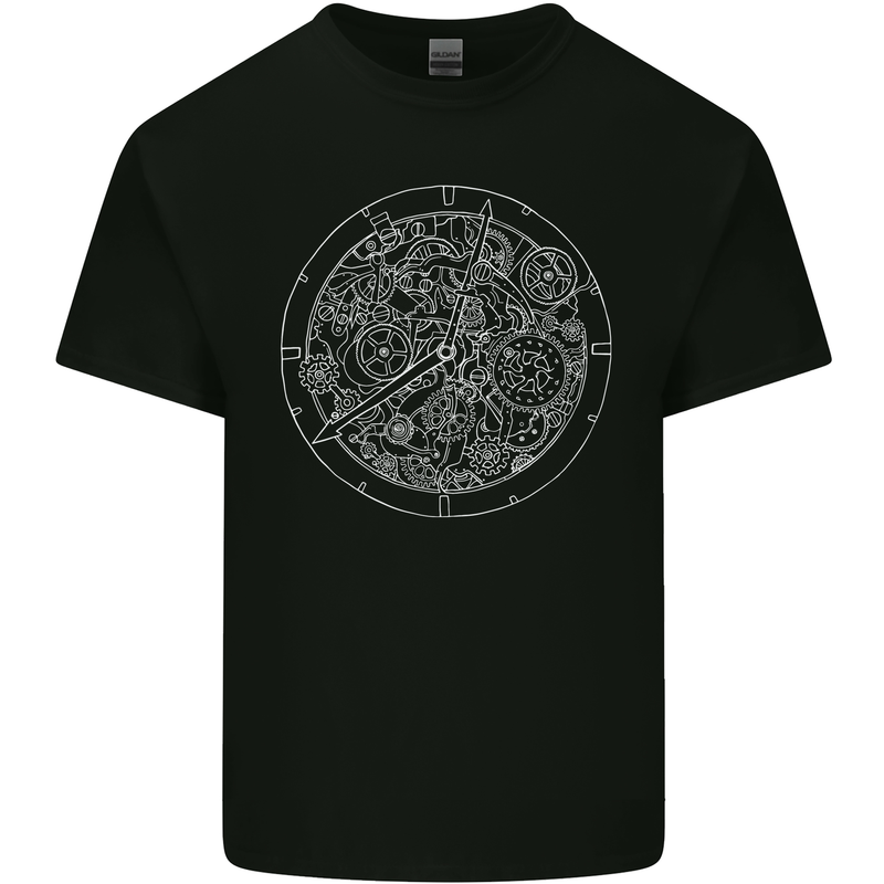 Mechanical Watch Line Drawing Timepiece Mens Cotton T-Shirt Tee Top Black