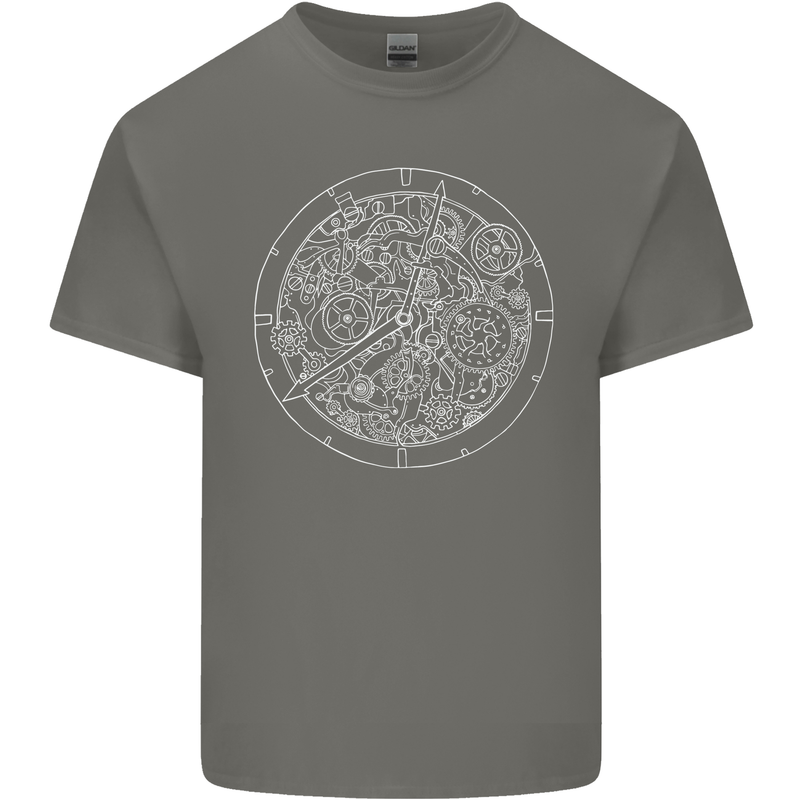 Mechanical Watch Line Drawing Timepiece Mens Cotton T-Shirt Tee Top Charcoal