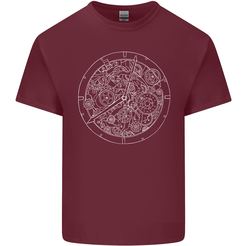 Mechanical Watch Line Drawing Timepiece Mens Cotton T-Shirt Tee Top Maroon