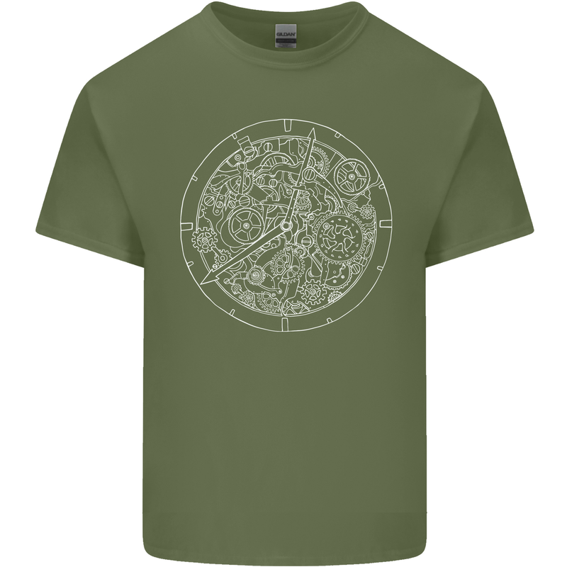 Mechanical Watch Line Drawing Timepiece Mens Cotton T-Shirt Tee Top Military Green