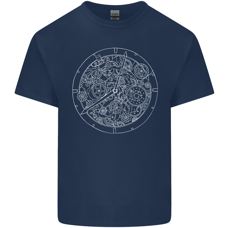 Mechanical Watch Line Drawing Timepiece Mens Cotton T-Shirt Tee Top Navy Blue