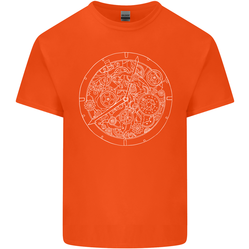 Mechanical Watch Line Drawing Timepiece Mens Cotton T-Shirt Tee Top Orange