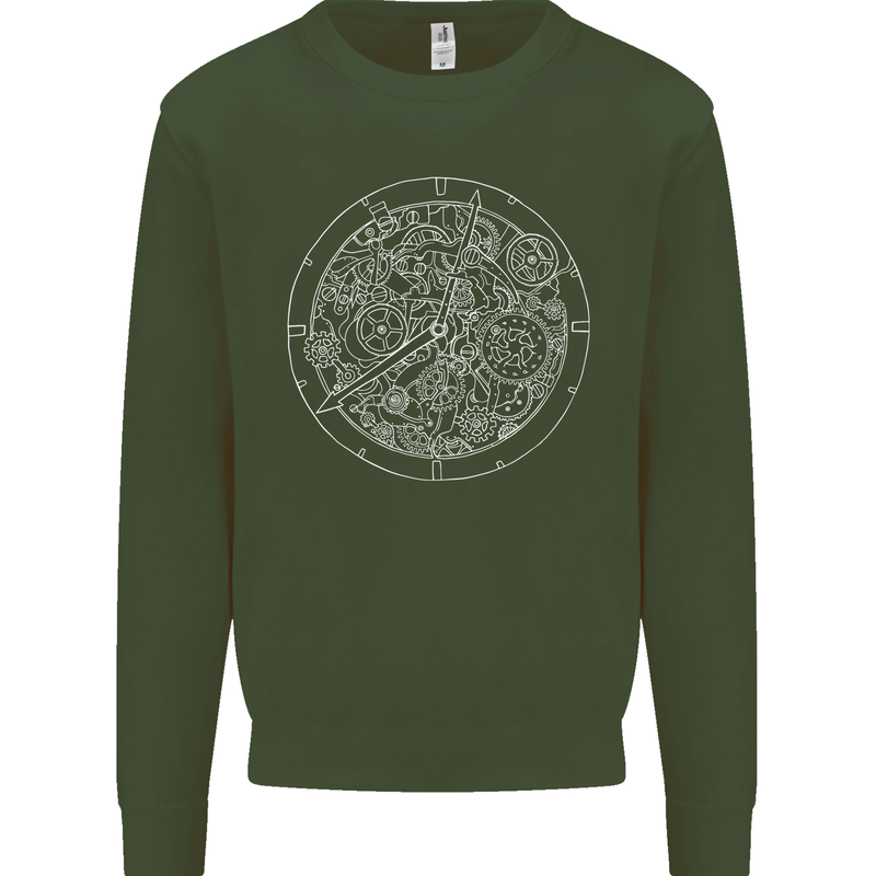Mechanical Watch Line Drawing Timepiece Mens Sweatshirt Jumper Forest Green