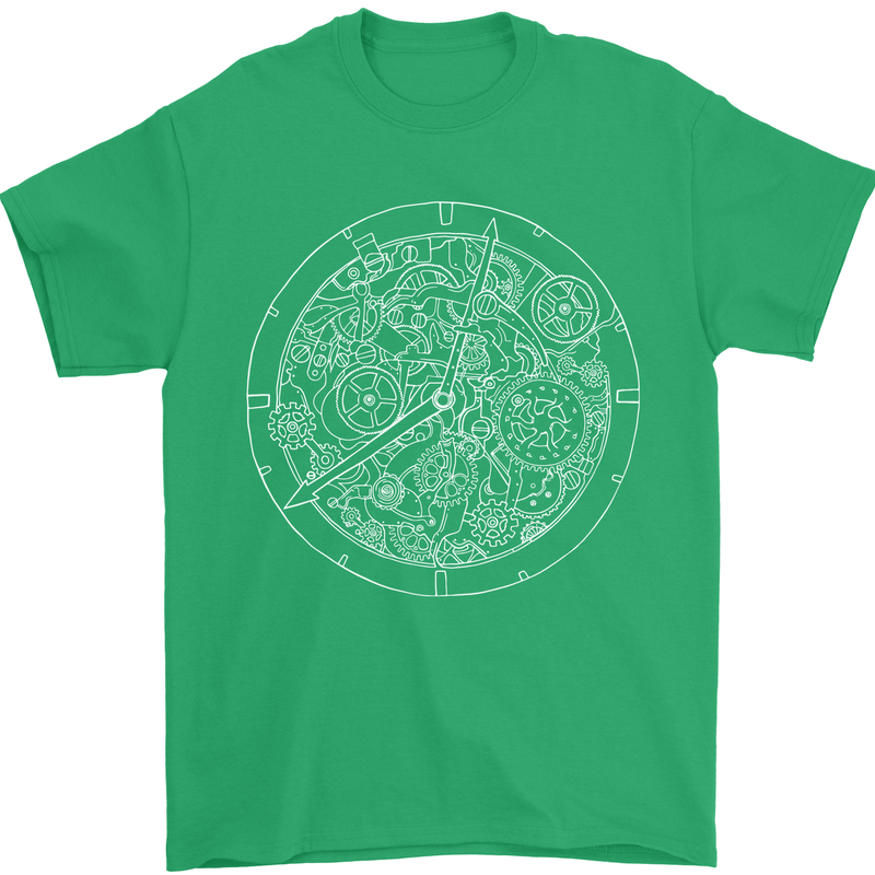 Mechanical Watch Line Drawing Timepiece Mens T-Shirt Cotton Gildan Irish Green
