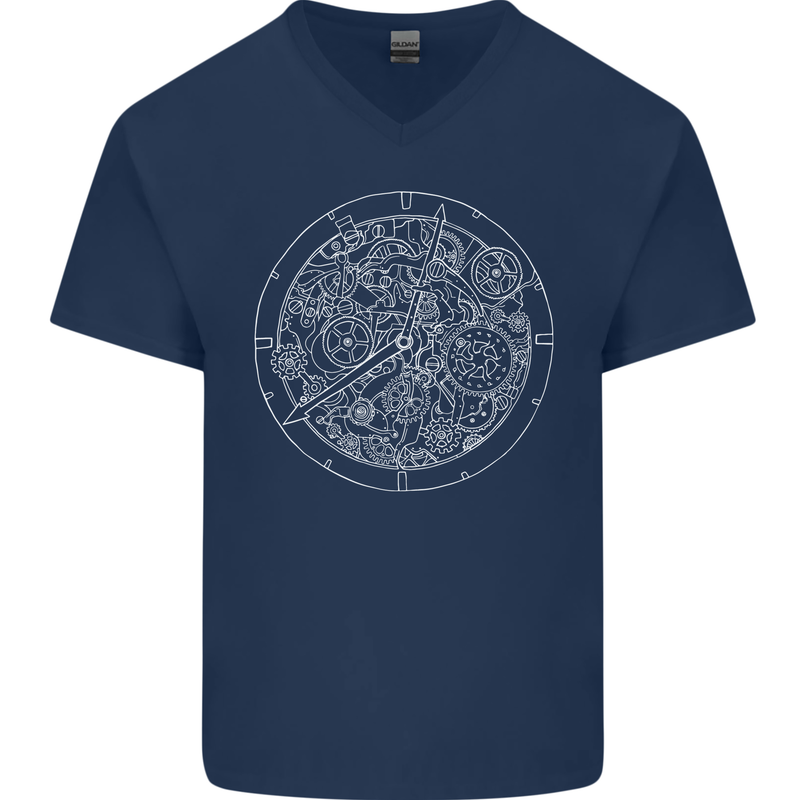 Mechanical Watch Line Drawing Timepiece Mens V-Neck Cotton T-Shirt Navy Blue