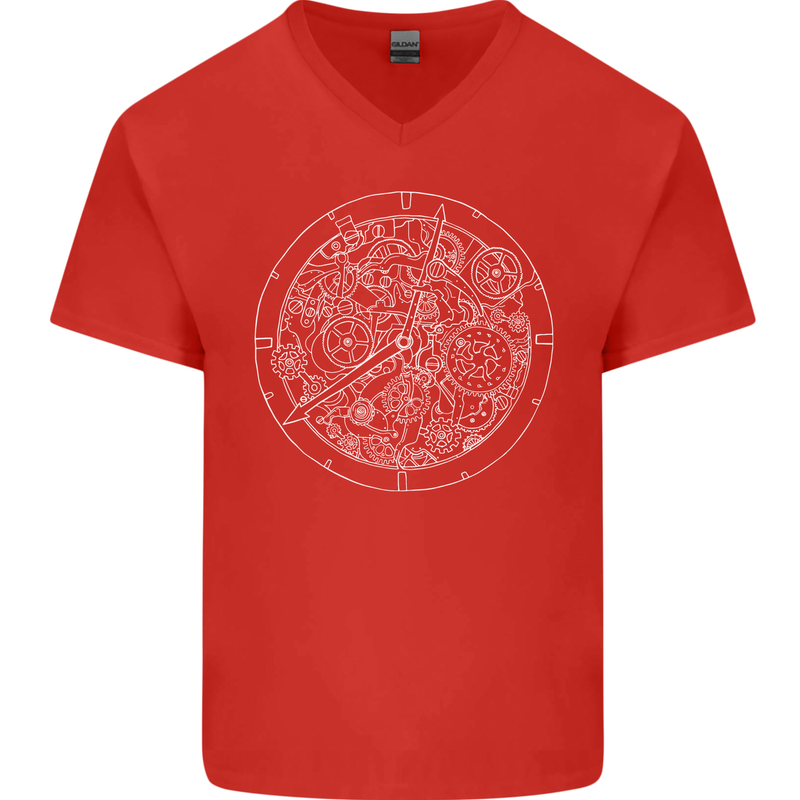 Mechanical Watch Line Drawing Timepiece Mens V-Neck Cotton T-Shirt Red