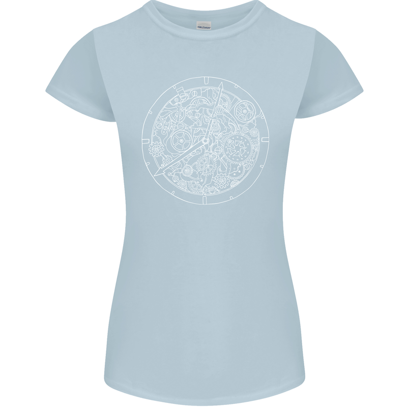 Mechanical Watch Line Drawing Timepiece Womens Petite Cut T-Shirt Light Blue