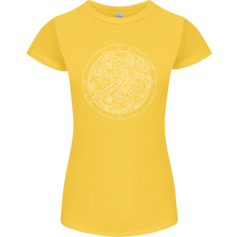 Mechanical Watch Line Drawing Timepiece Womens Petite Cut T-Shirt Yellow