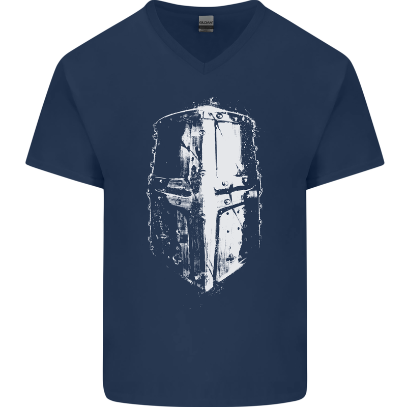 Medieval Helmet Gym Training Top Bodybuilding Mens V-Neck Cotton T-Shirt Navy Blue