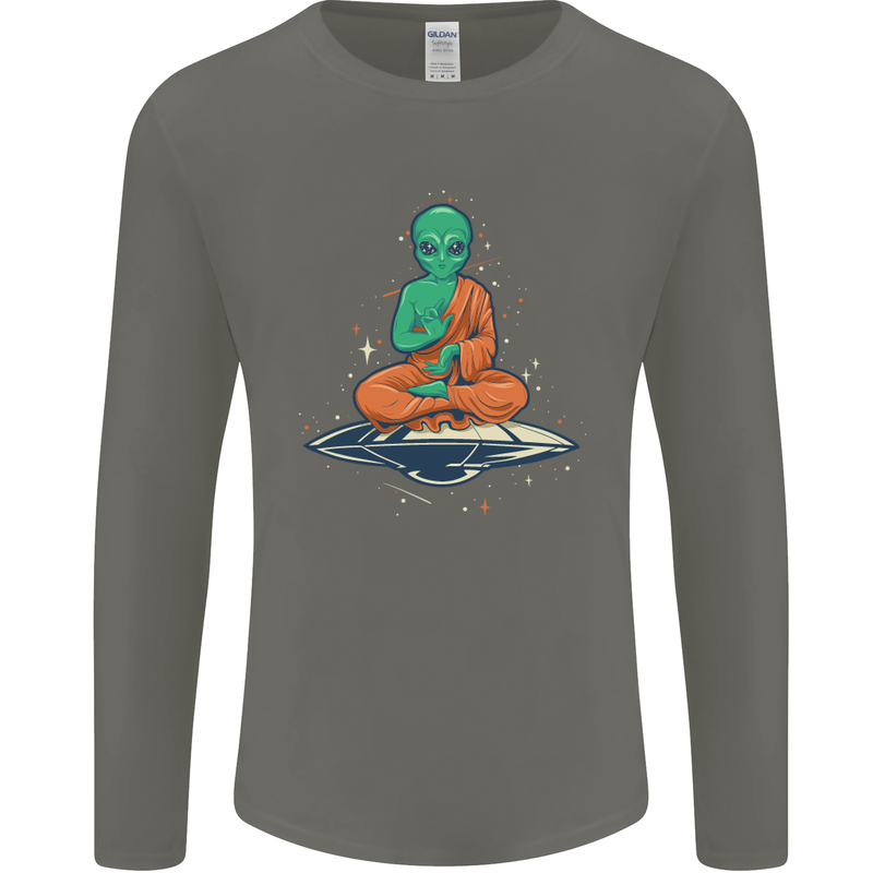 Meditating Alien UFO Yoga Mens Long Sleeve T-Shirt Charcoal