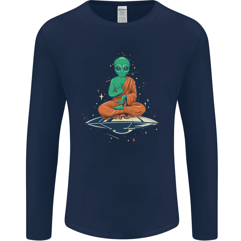Meditating Alien UFO Yoga Mens Long Sleeve T-Shirt Navy Blue