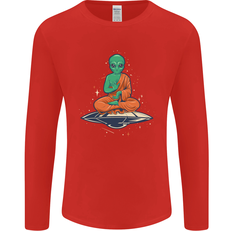 Meditating Alien UFO Yoga Mens Long Sleeve T-Shirt Red