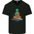 Meditating Alien UFO Yoga Mens V-Neck Cotton T-Shirt Black