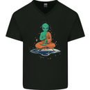 Meditating Alien UFO Yoga Mens V-Neck Cotton T-Shirt Black