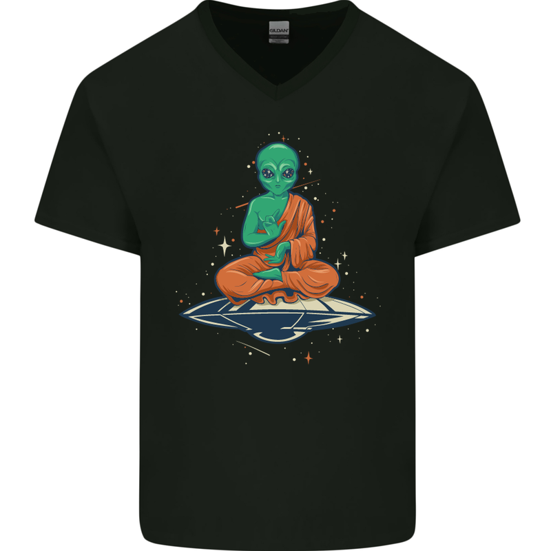 Meditating Alien UFO Yoga Mens V-Neck Cotton T-Shirt Black