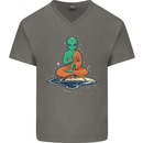 Meditating Alien UFO Yoga Mens V-Neck Cotton T-Shirt Charcoal