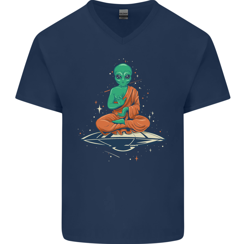 Meditating Alien UFO Yoga Mens V-Neck Cotton T-Shirt Navy Blue